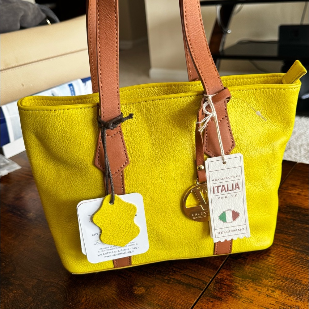 Valentina Vibrant Yellow Tote with Brown Accents